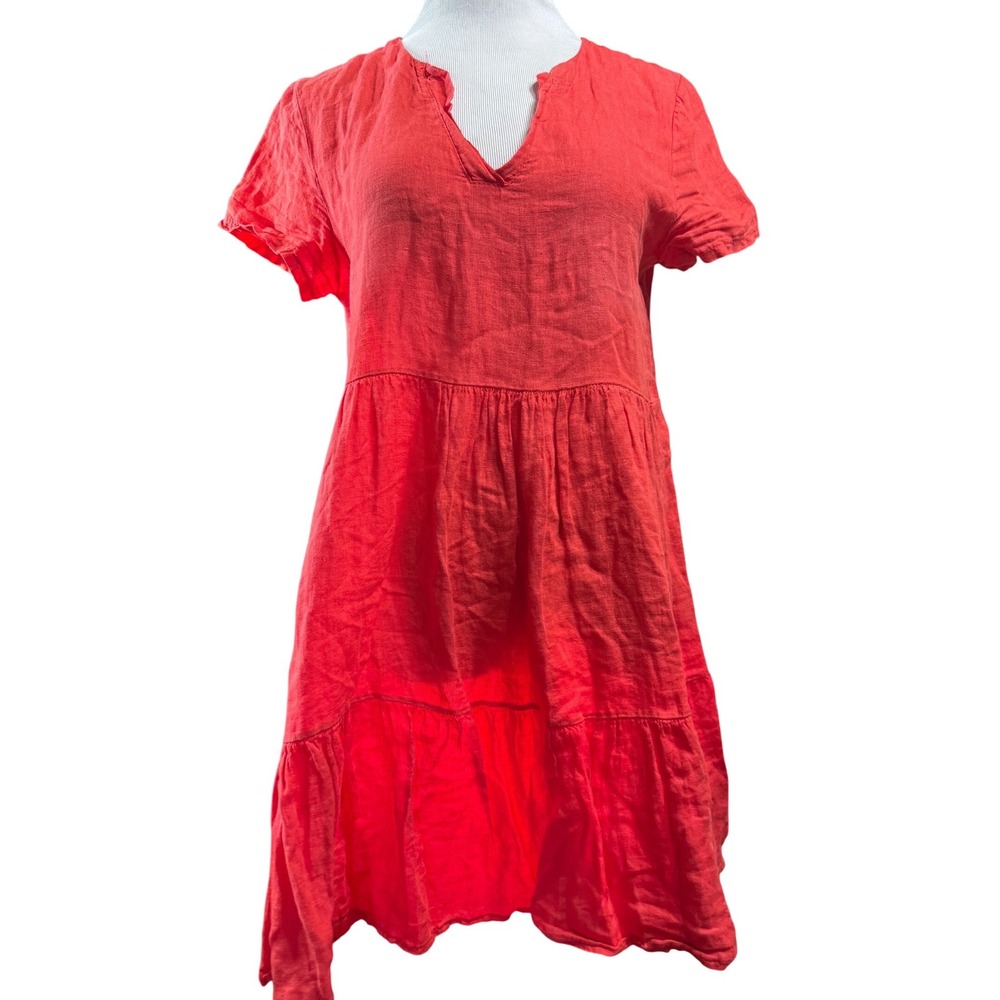 Francesca Bettini Womens Dress S Linen Solid Short Sleeve Relaxed Tiered Boho
